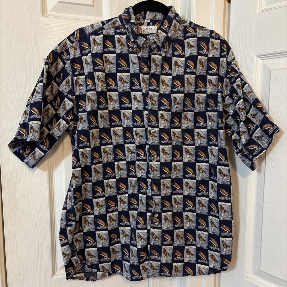 Sauce by Berne Mens Vintage 90s Fisherman Print Button Up Shirt Blue Medium